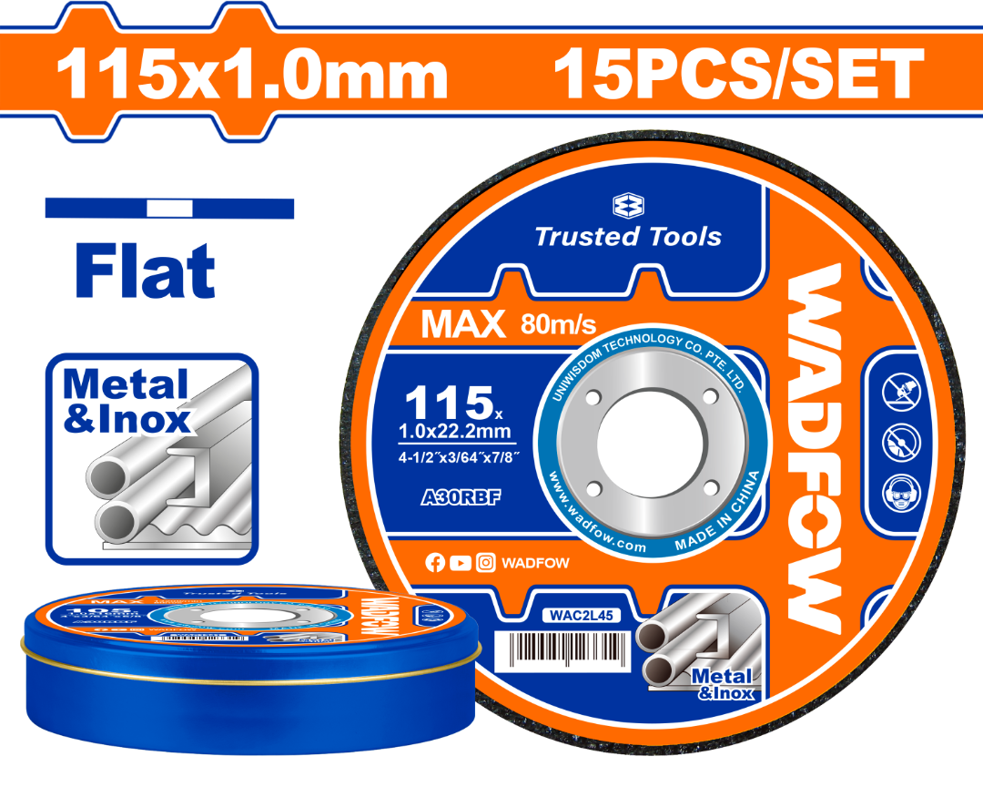 LATA X 15 DISCOS DE CORTE METAL 115MM 4 1/2" X 1.0MM WADFOW
