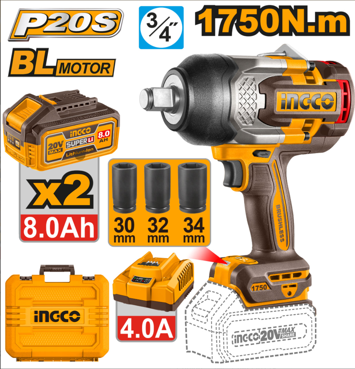 LLAVE DE IMPACTO A BATERIA 3/4" 1750NM 20V P20S BRUSHLESS CIWLI20175